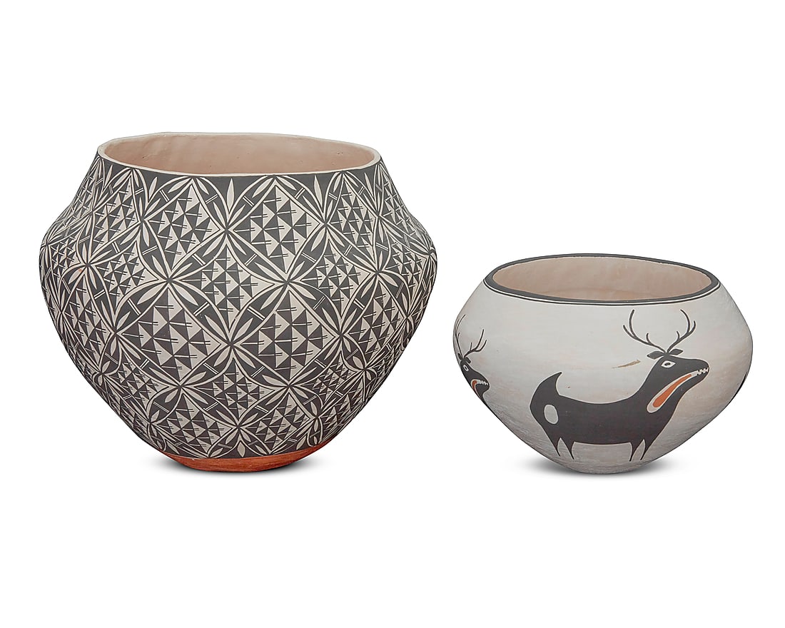 Two Acoma Pueblo polychrome pottery jars: Two Acoma Pueblo polychrome pottery jars Two works: Loretta Garcia (b. 1956) An olla jar with black on white repeating geometric motifs above a terracotta wash and puki indentation Signed to underside
