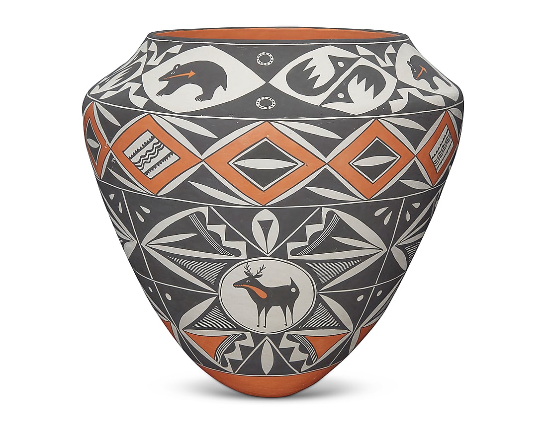 Sarah Garcia (1928-2015, Acoma Pueblo), A large polychrome pottery olla jar: Sarah Garcia (1928-2015, Acoma Pueblo) A large polychrome pottery olla jar With orange and black bands of geometric motifs and heartline bears and deer on white slip ground, above a puki indentation