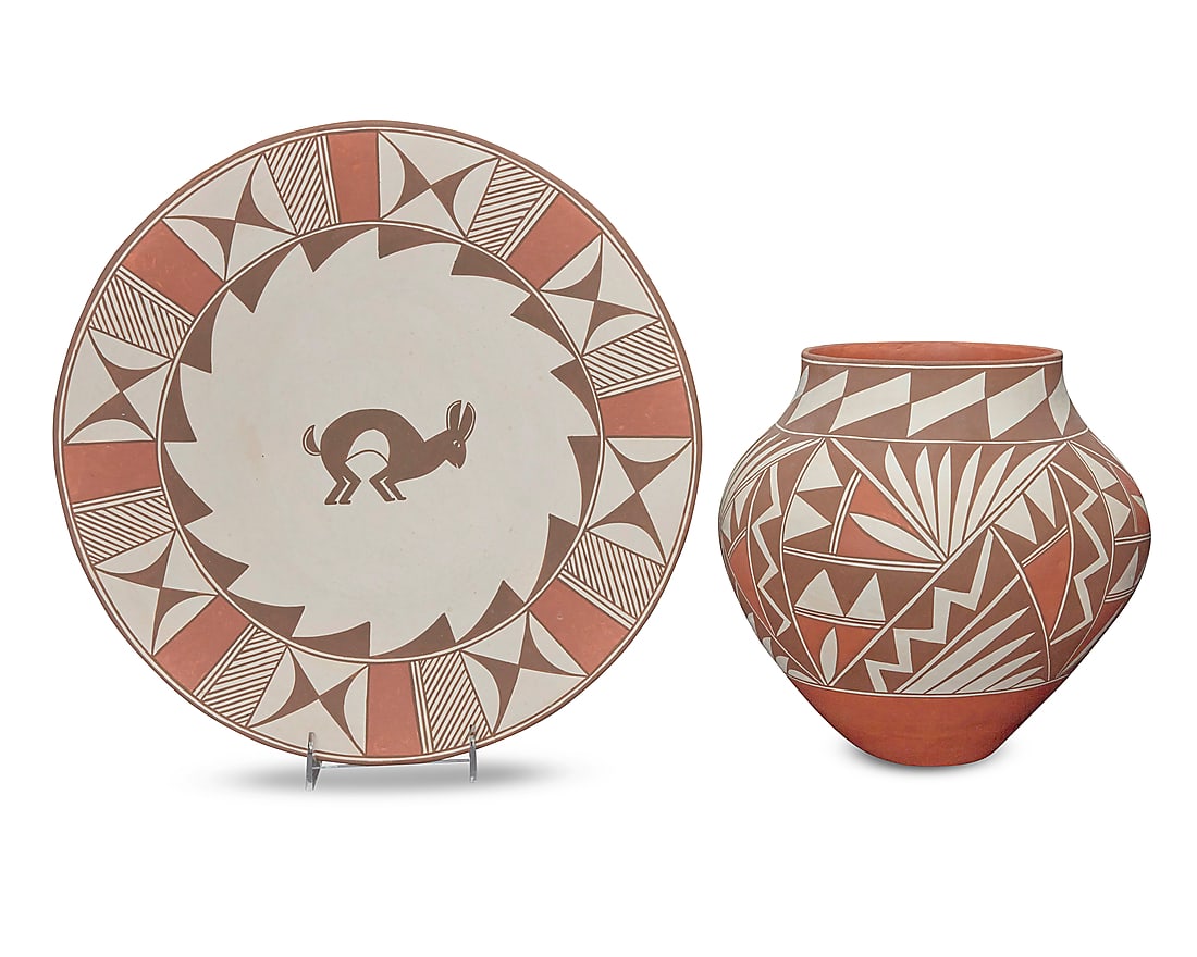 Loretta Joe (b. 1958, Acoma Pueblo), Two polychrome pottery items: Loretta Joe (b. 1958, Acoma Pueblo) Two polychrome pottery items Comprising a plate with red and brown band of geometric motifs to rim centering a hare, and an olla jar with red and brown geometric