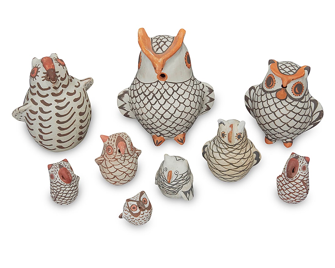 Nine Puebloan pottery owls (1 of 6)