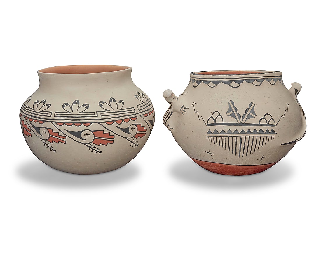 Two Pueblo polychrome pottery jars: Two Pueblo polychrome pottery jars Two works: Ignacia Duran (1921-2011, Tesuque Pueblo) A polychrome olla jar decorated with a red and black band of repeating feathers, corn stalks, and stepped motifs