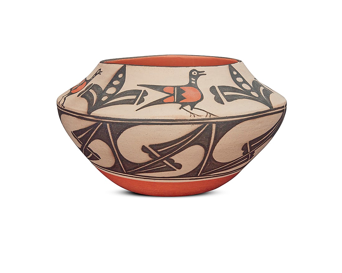 Arthur & Hilda Coriz (1948-1998 & 1949-2007, Santo Domingo), A polychrome pottery jar: Arthur & Hilda Coriz (1948-1998 & 1949-2007, Santo Domingo) A polychrome pottery jar With black and red roadrunner and raincloud motifs on white slip ground Incised signature to underside: Arthur &