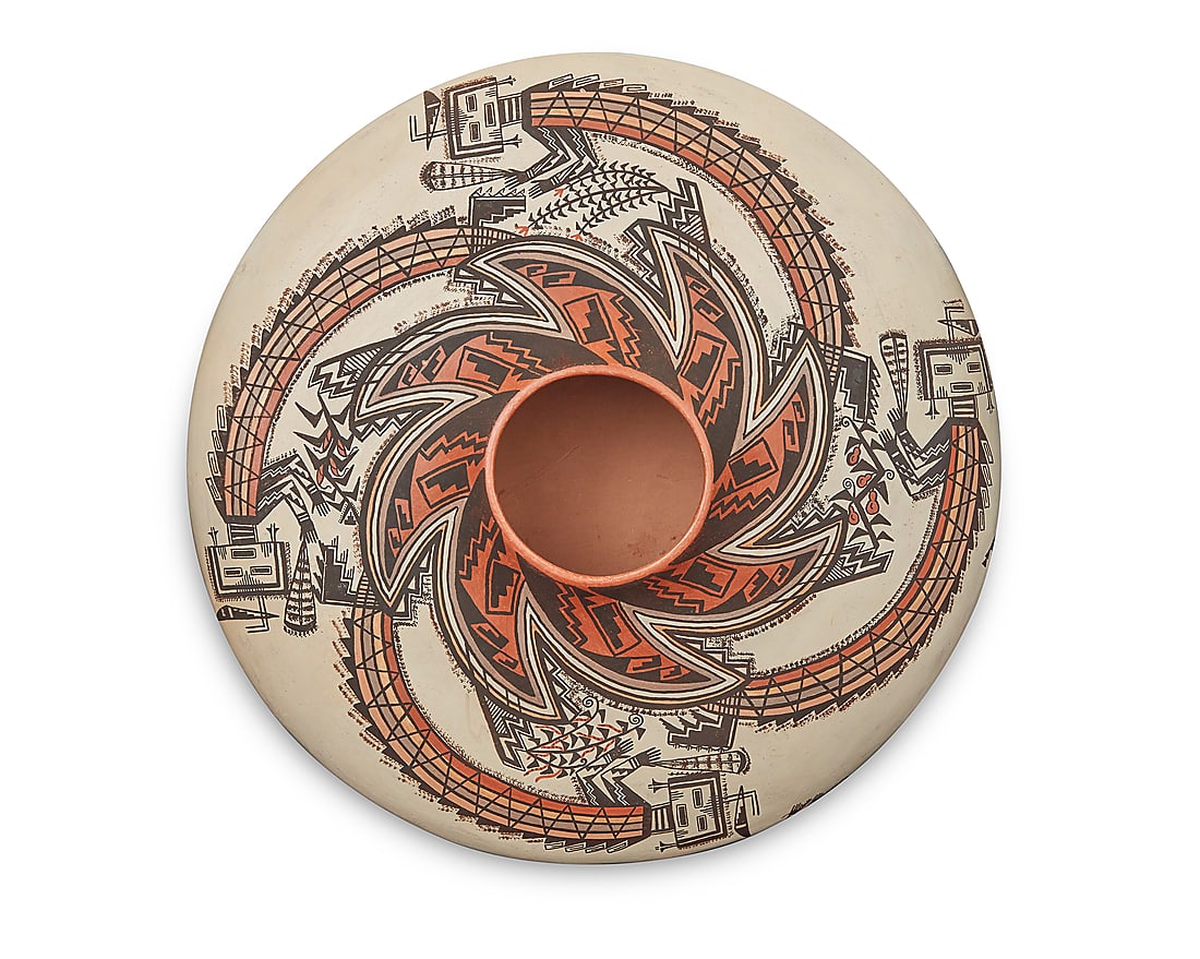 Lucy Leuppe McKelvey (b. 1946, Dine [Navajo]), "Whirling Rainbow Goddess of Windway Ceremony: Lucy Leuppe McKelvey (b. 1946, Dine [Navajo]) "Whirling Rainbow Goddess of Windway Ceremony Sandpainting" jar, circa 1980 The seven-color wide-shouldered jar painted with a swirling arrangement of