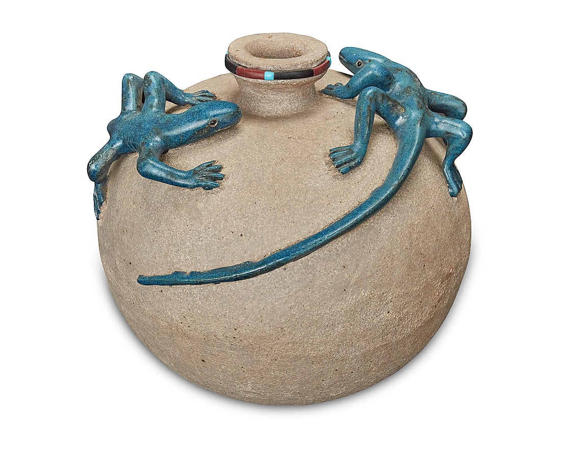 Randall Blaze (b. 1949, Oglala Lakota [Sioux]), A stoneware lizard effigy vessel, 1987: Randall Blaze (b. 1949, Oglala Lakota [Sioux]) A stoneware lizard effigy vessel, 1987 The rim mounted with onyx, turquoise, and red stone, with haute relief blue glazed lizards to shoulder Incised