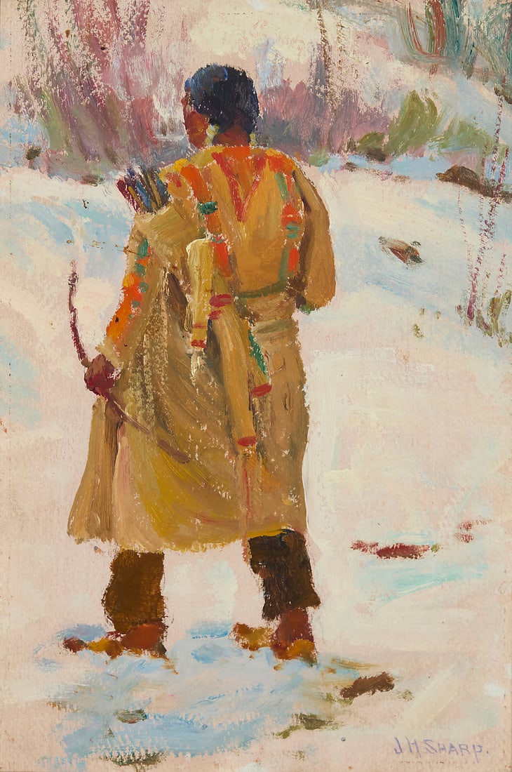 Joseph Henry Sharp (1859-1953), "Indian with Bow and Arrows": Joseph Henry Sharp (1859-1953) "Indian with Bow and Arrows" Oil on board Signed lower right: JH Sharp; titled on gallery labels affixed to the frame's verso 12 x 8 1/8 in. Provenance: Nedra Matteucci