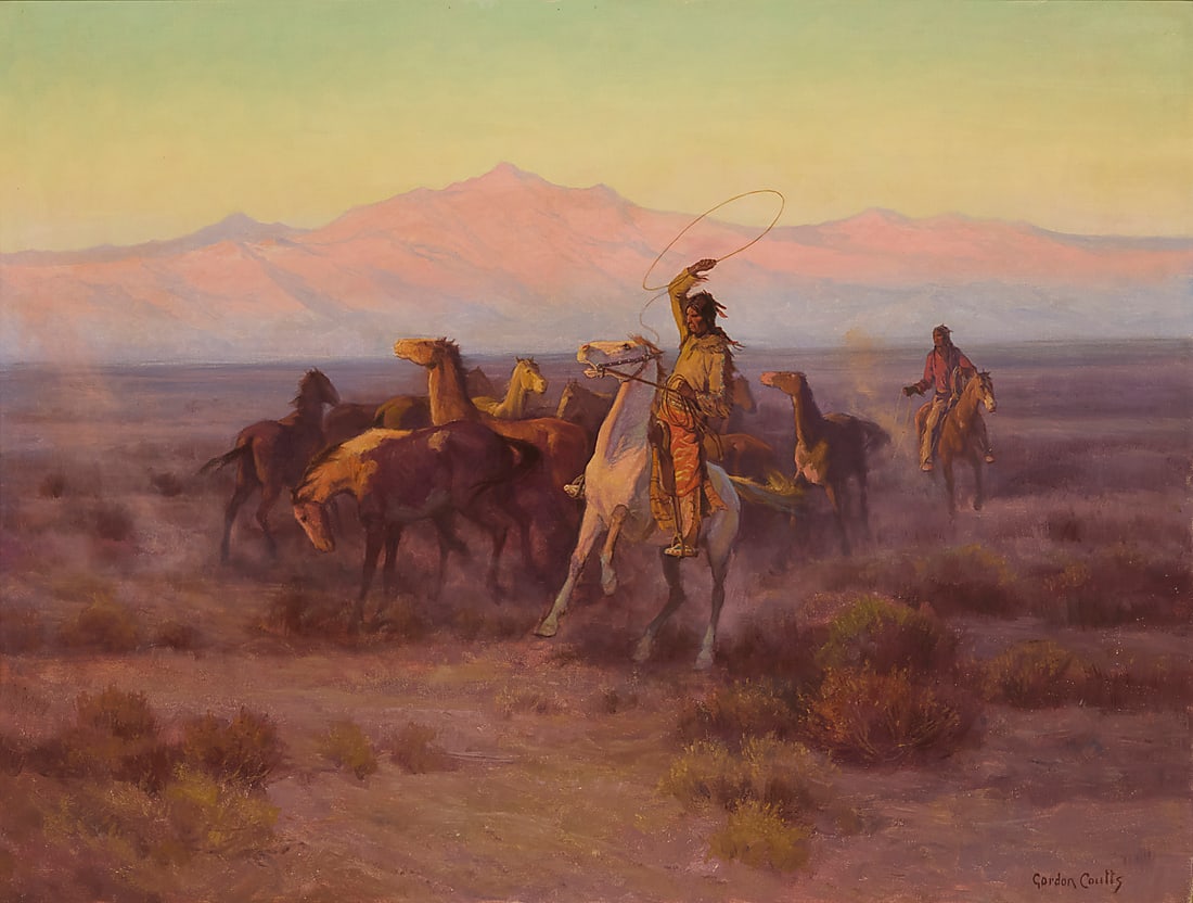 Gordon Coutts (1868-1937), "Herding the Wild Horses": Gordon Coutts (1868-1937) "Herding the Wild Horses" Oil on canvas Signed lower right: Gordon Coutts; alternatively titled very faintly in pencil on the stretcher "Roundup" and also numbered "34" and
