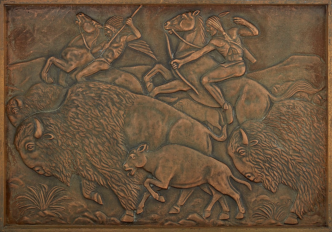 20th Century Western School, Buffalo Hunt: 20th Century Western School Buffalo Hunt Patinated bronze plaque Initialed at bottom right: JHA [conjoined] Height 14 in., width 20 in., depth 1 1/4 in.