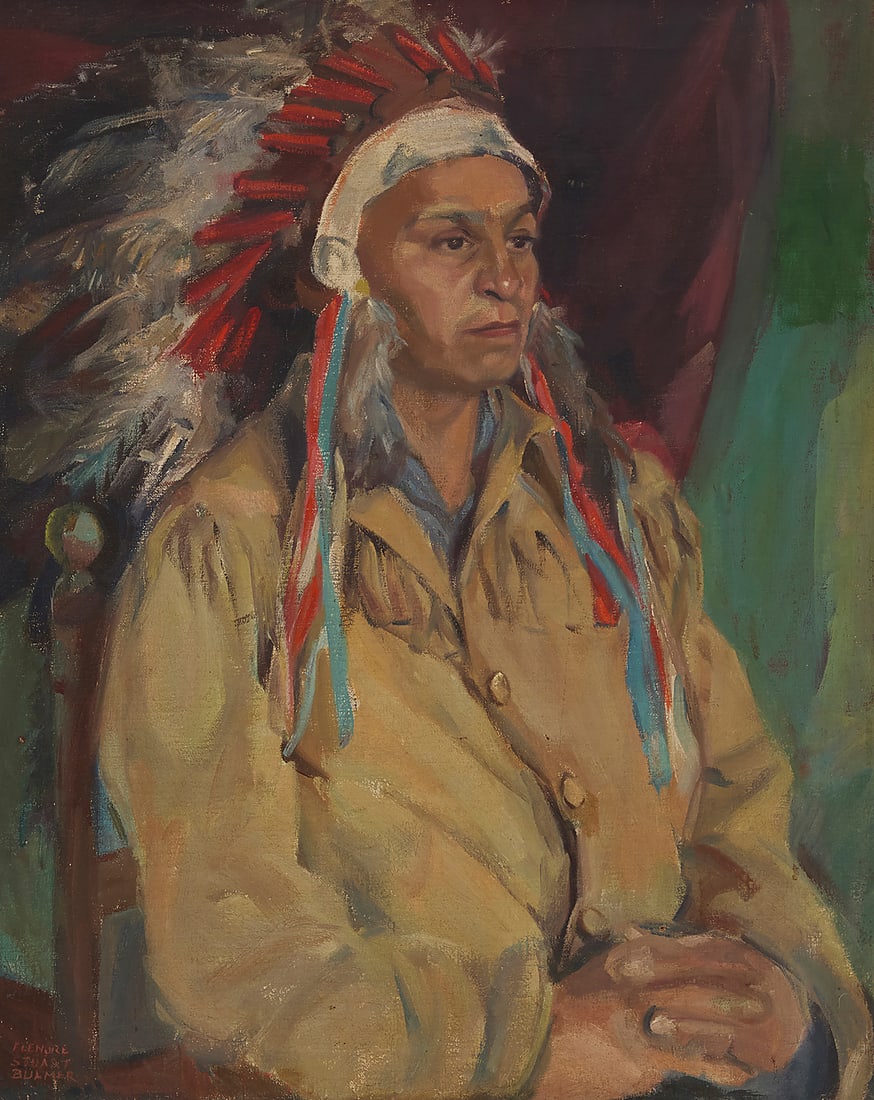 Elenore Stuart Bulmer (b. 1914), Portrait of a Native American in a feathered head dress: Elenore Stuart Bulmer (b. 1914) Portrait of a Native American in a feathered head dress Oil on canvas Signed lower left: Elenore / Stuart / Bulmer 35 x 28 1/4 in.