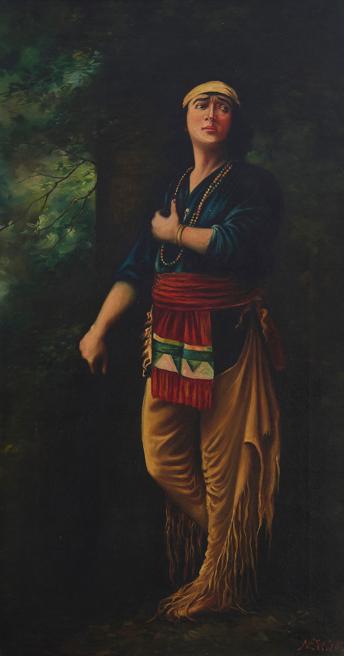 19th Century Western School: 19th Century Western School Portrait of a Native American man, 1875 Oil on canvas Signed with conjoined initials and dated lower right: NEW. 75. 26 1/4 x 14 1/4 in.