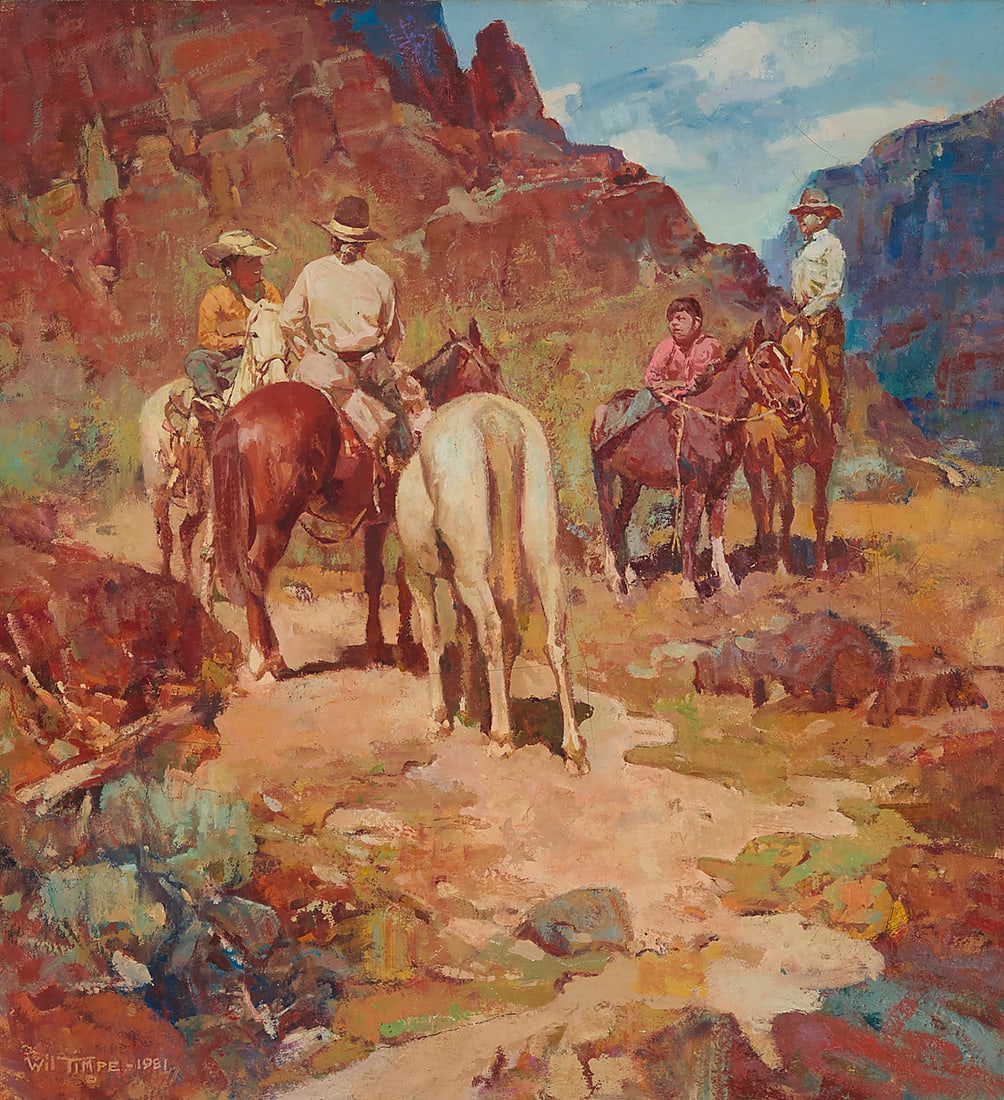 Wil Timpe (b. 1920), "His First Pony," 1981: Wil Timpe (b. 1920) "His First Pony," 1981 Oil on canvas Signed and dated lower left: Wil Timpe - 1981 / ©; titled and inscribed "T-34" in red marker on the stretcher 24 x 22 in. Provenance: The