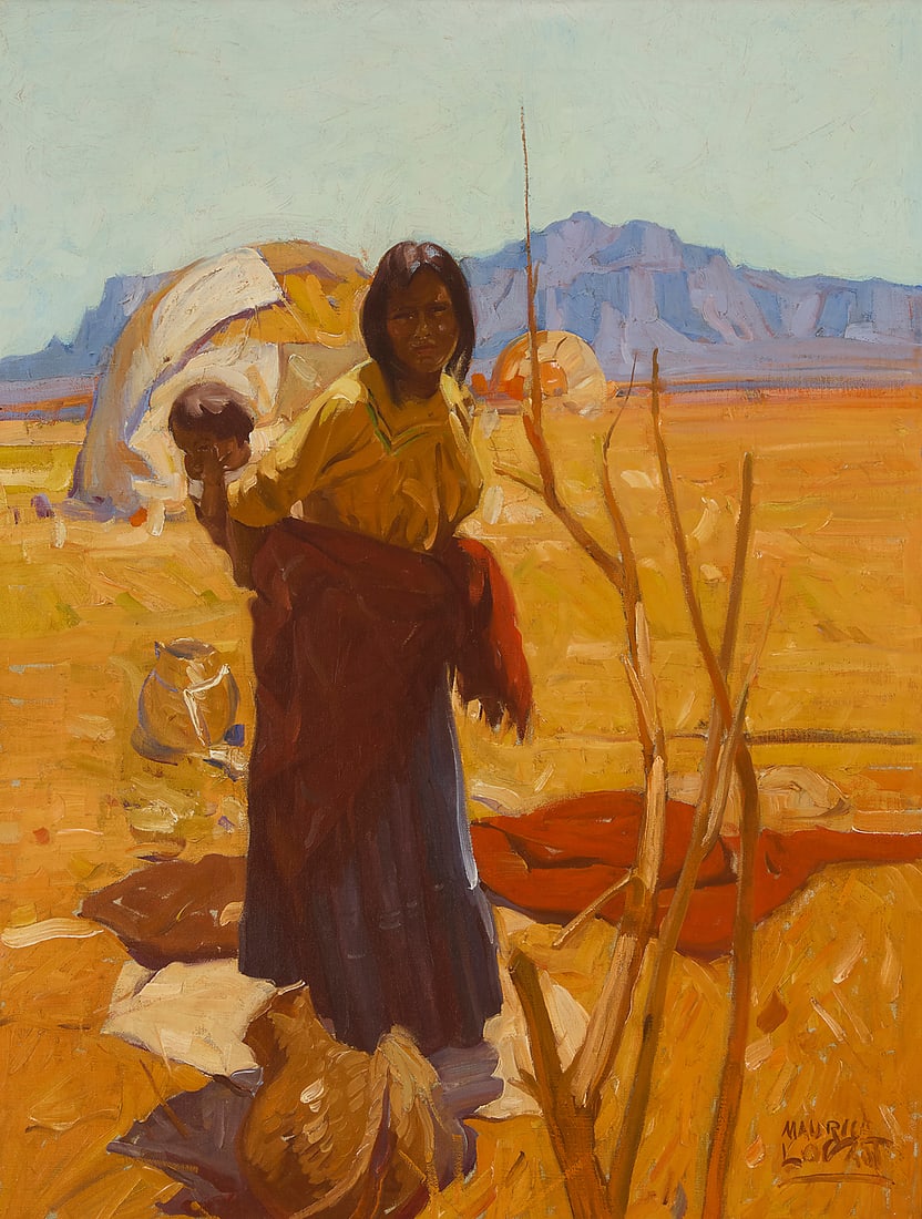 Maurice Logan (1886-1977), "Apache Mother With Child," circa early 1930s: Maurice Logan (1886-1977) "Apache Mother With Child," circa early 1930s Oil on canvas Signed lower right: Maurice / Logan; titled on three gallery labels affixed to the frame's backing board 27 1/2 x
