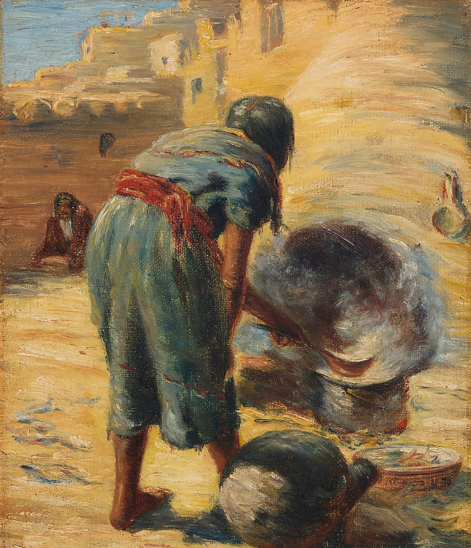 William Robinson Leigh (1866-1955), "Zuni Breadmaker": William Robinson Leigh (1866-1955) "Zuni Breadmaker" Oil on canvas laid to canvas Unsigned; titled on the frame plaque and again in the accompanying letter 8 1/4 x 7 in. Provenance: Nedra Matteucci