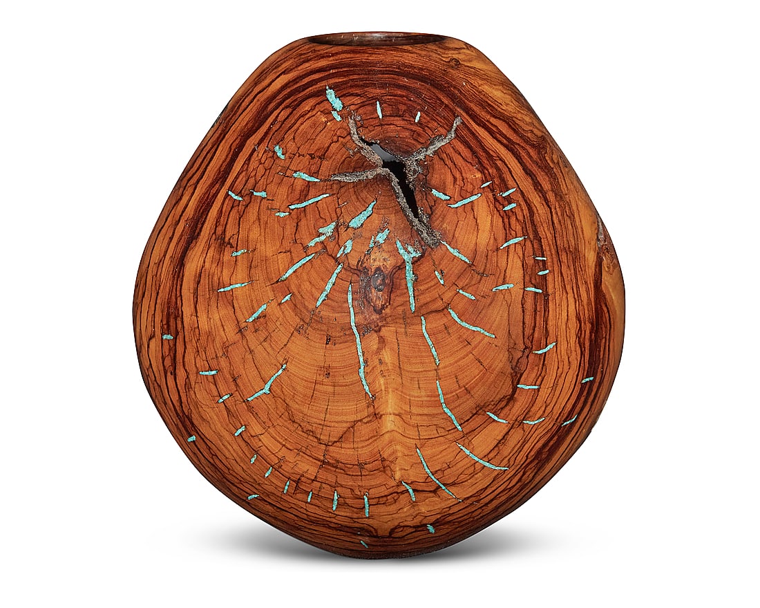 Greg Campbell (b. 1951), A turned olive wood and turquoise jar, 2023: Greg Campbell (b. 1951) A turned olive wood and turquoise jar, 2023 With turquoise in-filling to inherent crevices in the knots of the wood Etched signature and inscription to underside: G. Campbell