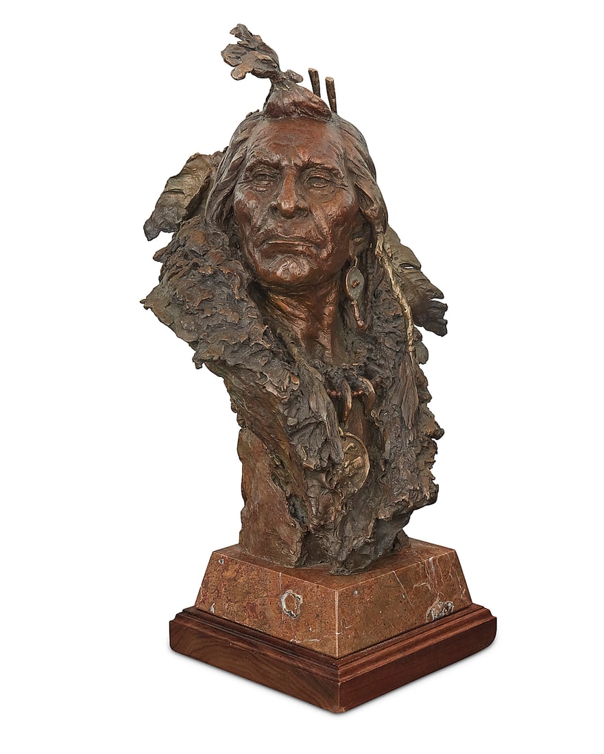 John Coleman (b. 1949), "Black Moccasin," 2004: John Coleman (b. 1949) "Black Moccasin," 2004 Patinated bronze on marble plinth on rotating wood base Edition: 32/35 Signed, dated, titled, numbered, and inscribed in the casting: HIDATSA CHEIF /