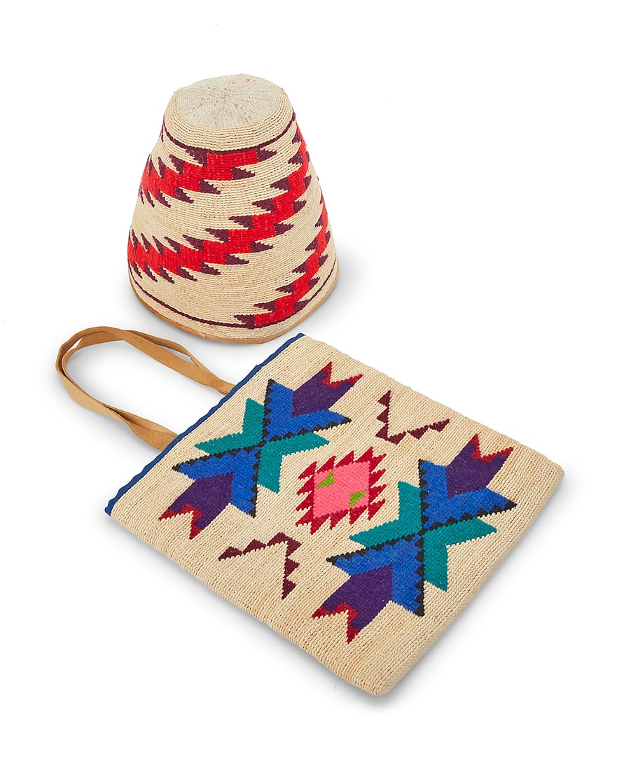 Two Nez Perce polychrome corn husk items: Two Nez Perce polychrome corn husk items Attributed to Rose Frank (1912-1999, Nez Perce) Comprising a twined corn husk tapered hat with embroidered swirling sawtooth zigzag bands and hide trim to edge
