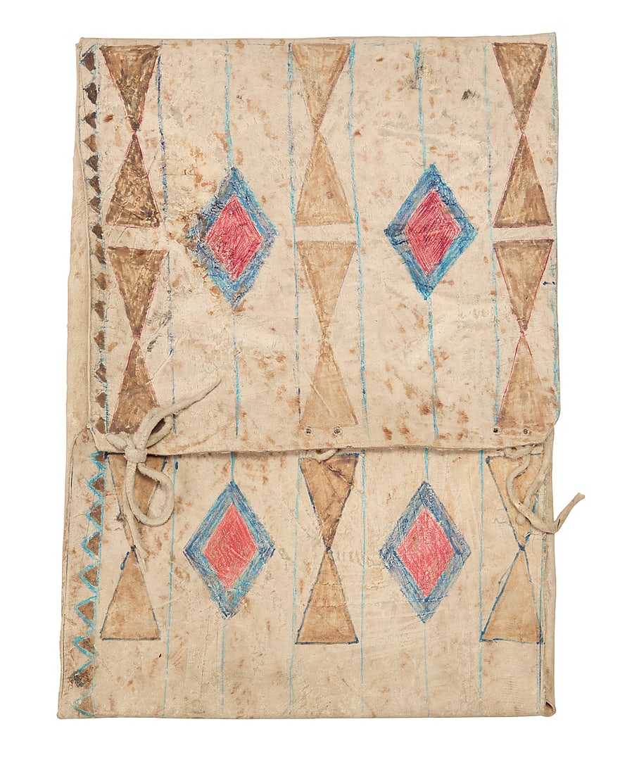 A Plains painted hide parfleche envelope: A Plains painted hide parfleche envelope 20th century A stiff folded rawhide container with polychrome painted geometric designs and large flap with rawhide laces Height 1 ft. 7 in., width 1 ft. 1