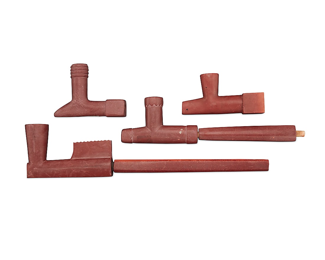 Six Plains catlinite pipe bowls and stems (1 of 3)