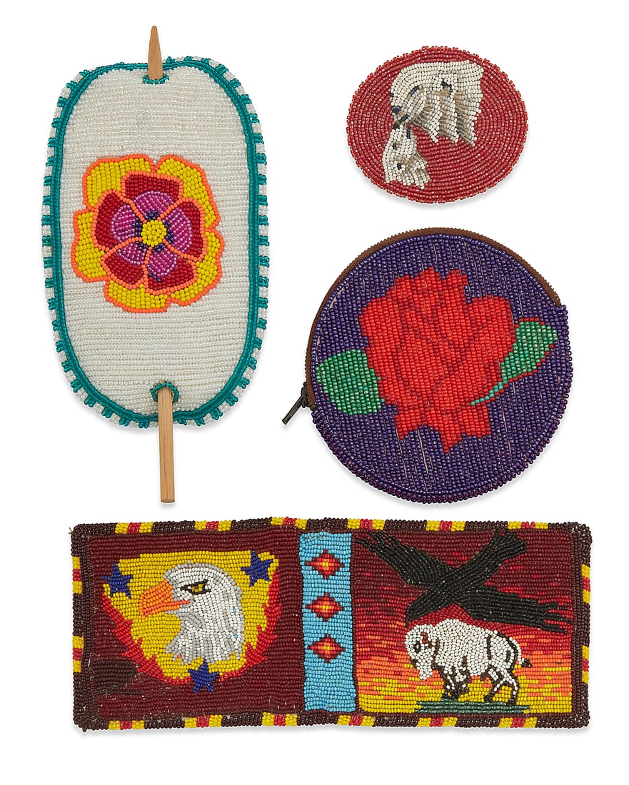 Four contemporary Native American polychrome pictorial beaded items: Four contemporary Native American polychrome pictorial beaded items Late 20th/21st century Comprising two hair ornaments, including a large white, green, and multicolored floral hair slide, and a smal