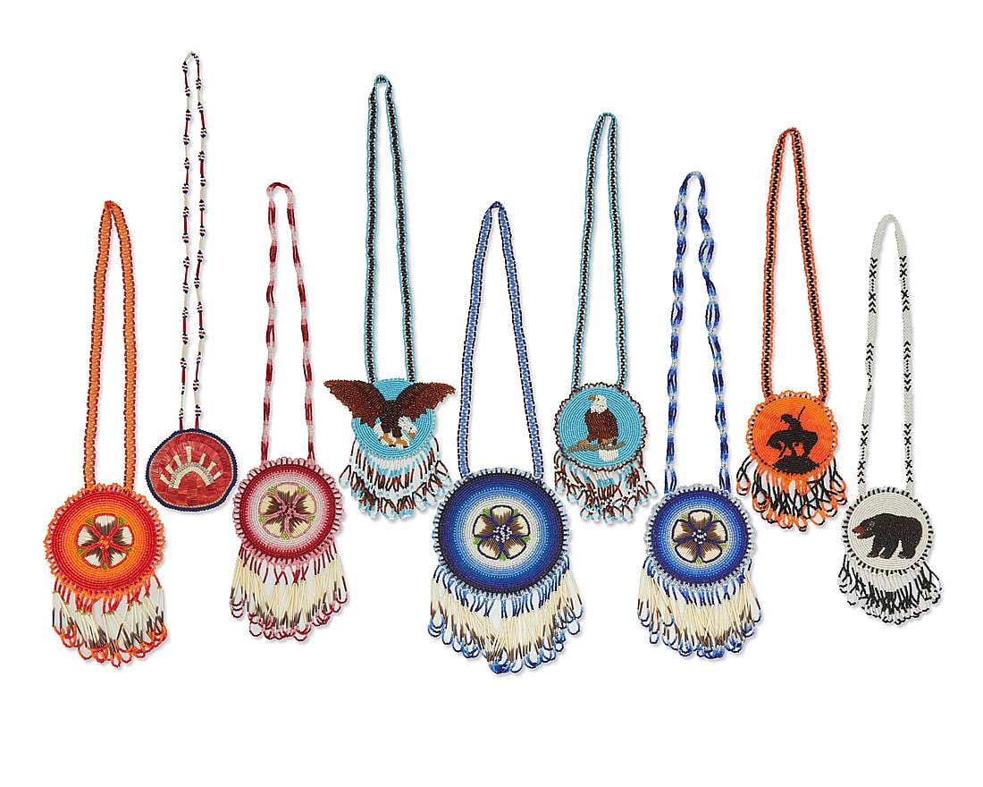 Ida Beaulieu (d. 2021, Ojibwe), Nine polychrome pictorial beaded pendant necklaces (1 of 5)