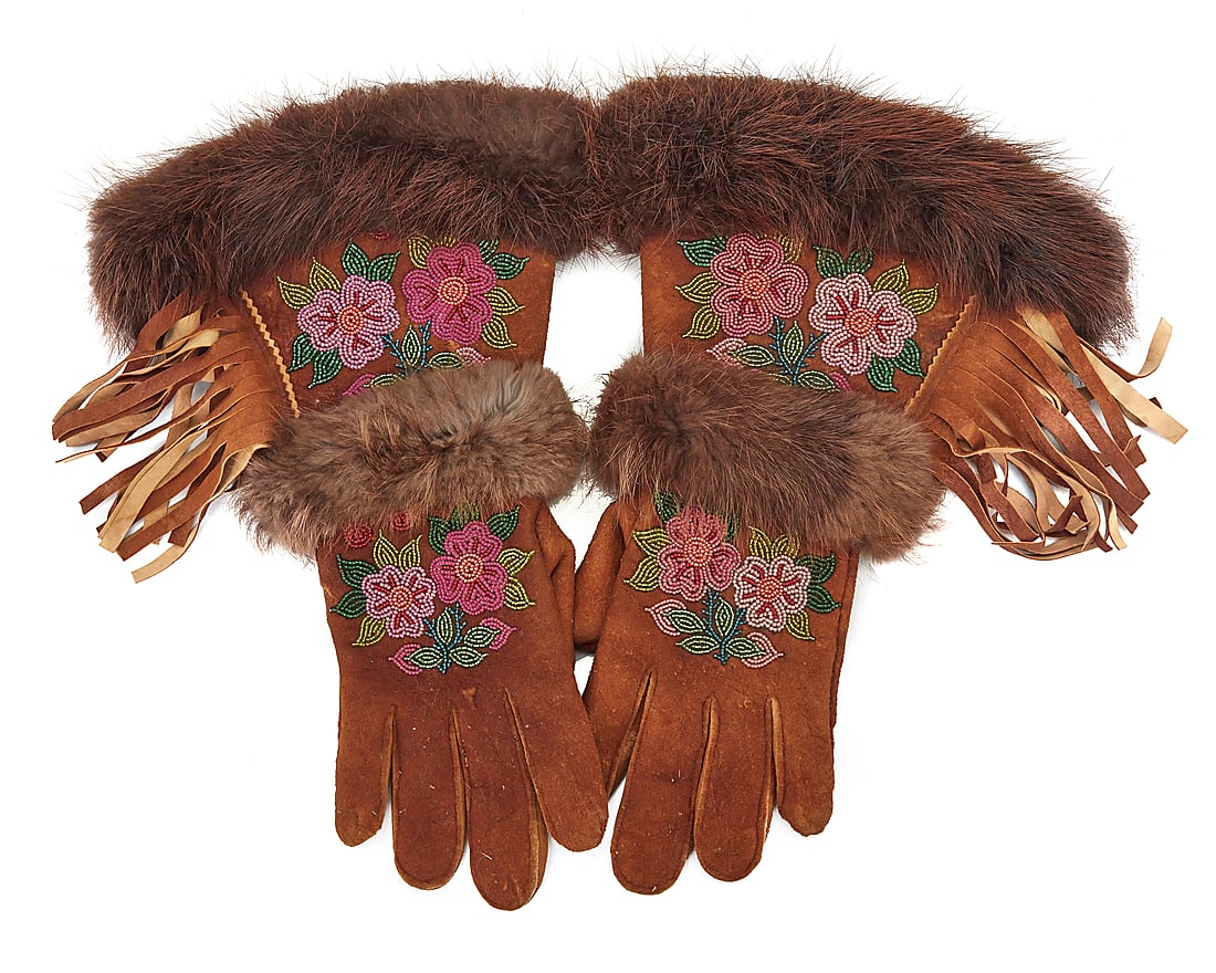 A pair of Cree beaded moosehide and fur gloves (1 of 3)