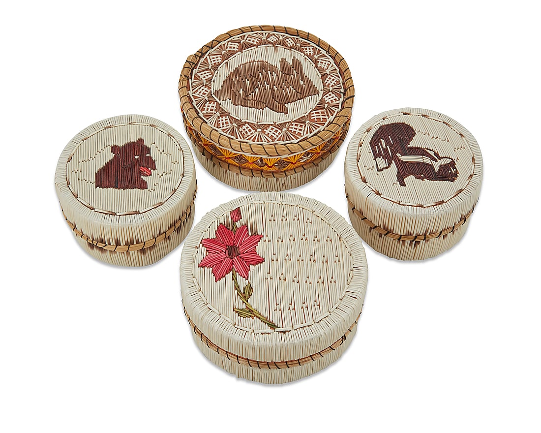 Four Cree porcupine quill pictorial lidded baskets (1 of 3)