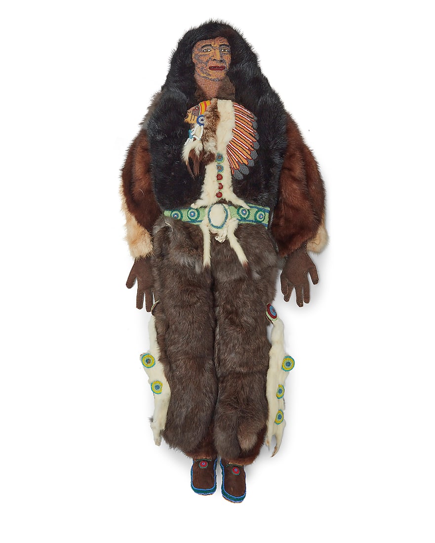 A large contemporary Cree beaded pictorial doll sculpture with fur (1 of 6)