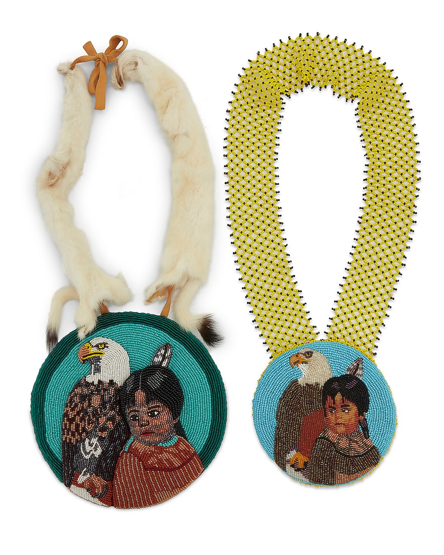 Two large Cree polychrome pictorial beaded portrait necklaces (1 of 2)