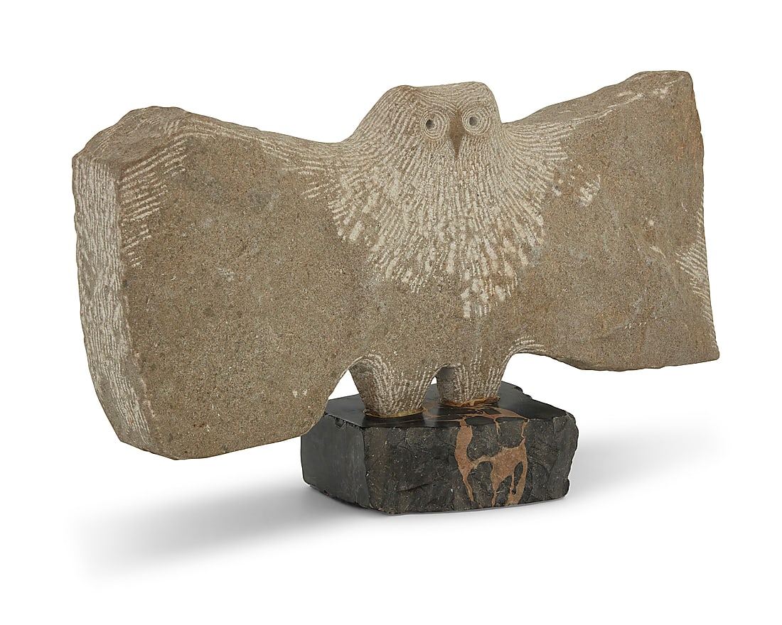Roger Charles Cavalli (b. 1930), Owl with wings spread, 1969: Roger Charles Cavalli (b. 1930) Owl with wings spread, 1969 Carved granite on marble base Incised with signature: CAVALLI Height overall 10 in., width 18 1/4 in., depth 6 in. Provenance: Private