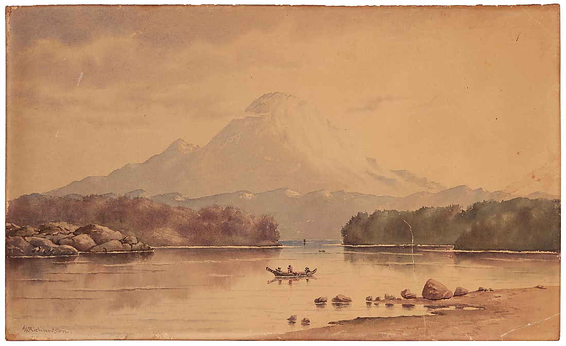 Theodore J. Richardson (1855-1914), A canoe on an Alaskan lake with a mountain in the distance: Theodore J. Richardson (1855-1914) A canoe on an Alaskan lake with a mountain in the distance Watercolor on paper Signed lower left: T.J. Richardson. 11 x 18 1/2 in.