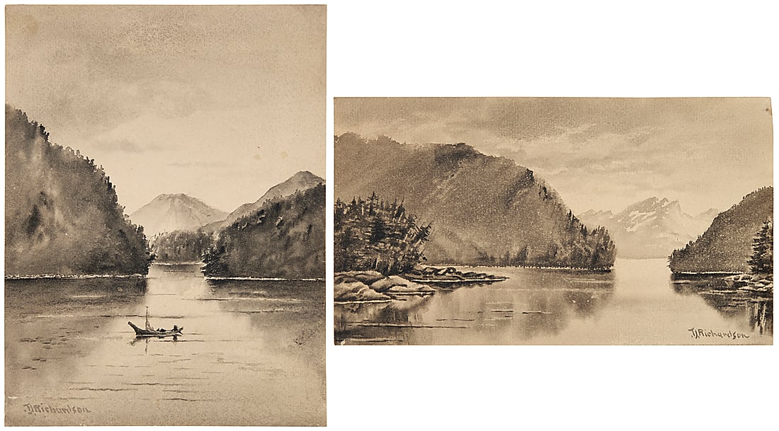 Theodore J. Richardson, (1855-1914): Theodore J. Richardson (1855-1914) Two Works: A small boat on an Alaskan waterway Watercolor en grisaille on paper Signed lower left: T.J. Richardson Sheet: 5 x 8 7/8 in.; Mount: 10 1/2 x 14 3/8 in.