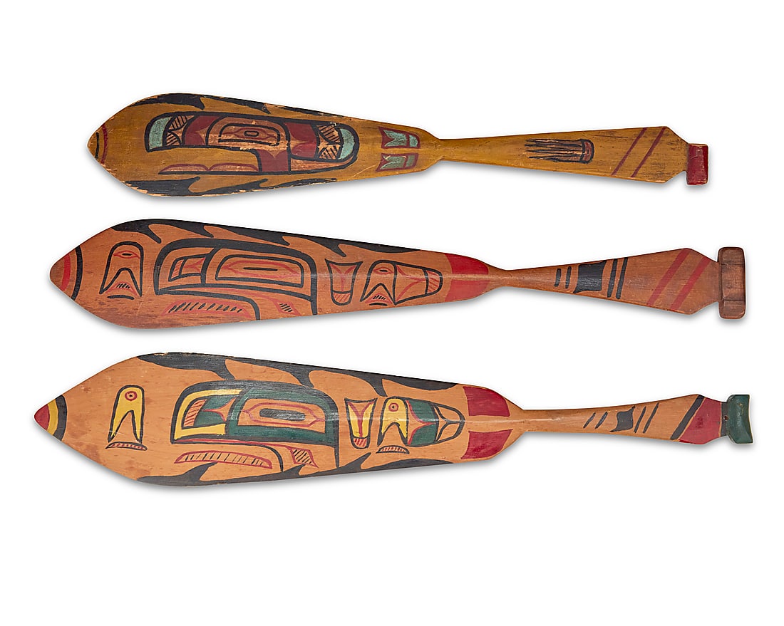 Three Salish polychrome painted paddles - 2
