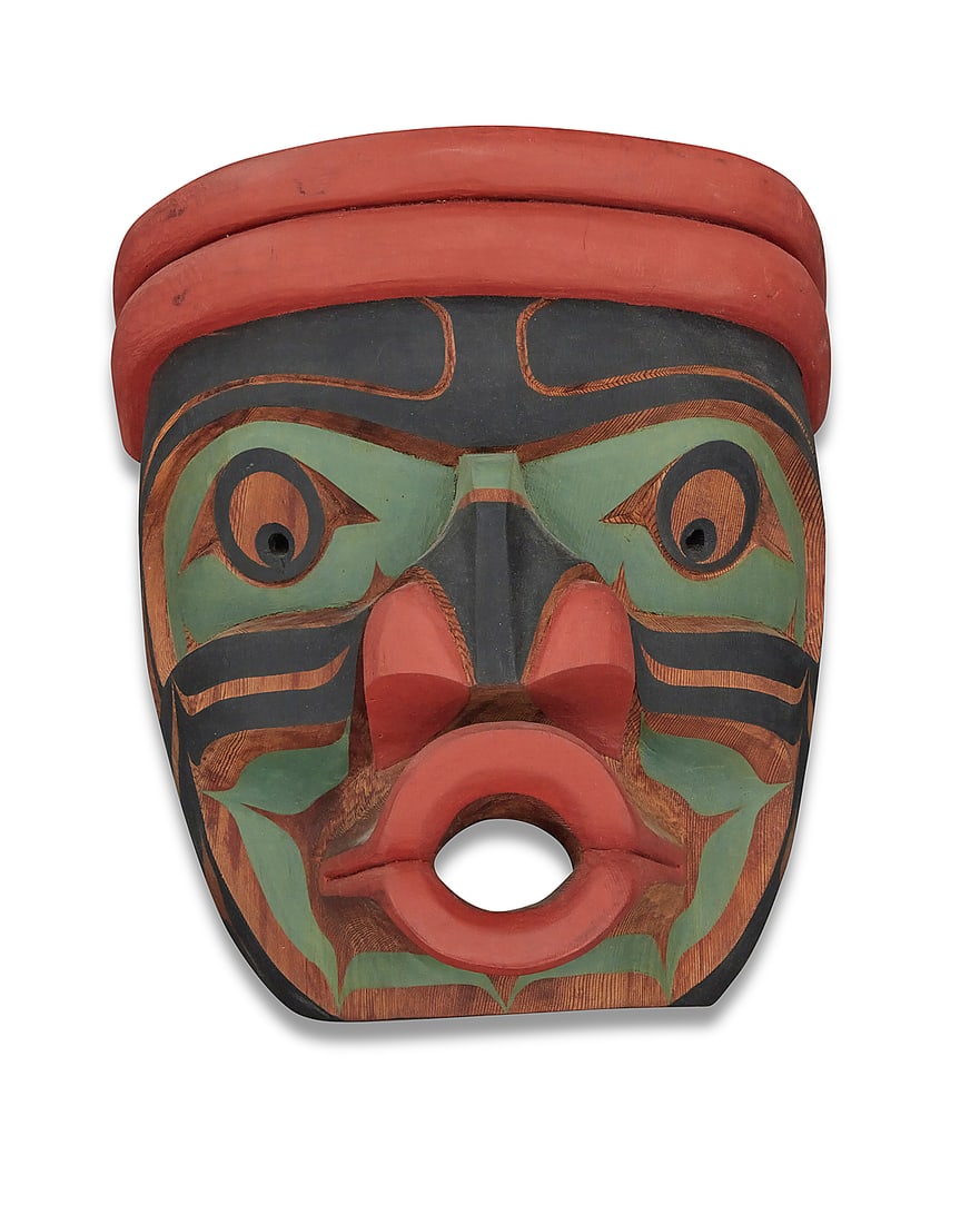 Mervyn Child Hunt (b. 1955, Kwagul/Tlingit/Nuu Chah Nulth/British), A polychrome-painted cedar mask: Mervyn Child Hunt (b. 1955, Kwagul/Tlingit/Nuu Chah Nulth/British) A carved and polychrome-painted mask Marked in ink verso: NW / 63; further inscribed and signed in pencil: Kwakiutl Art / Freman / Me