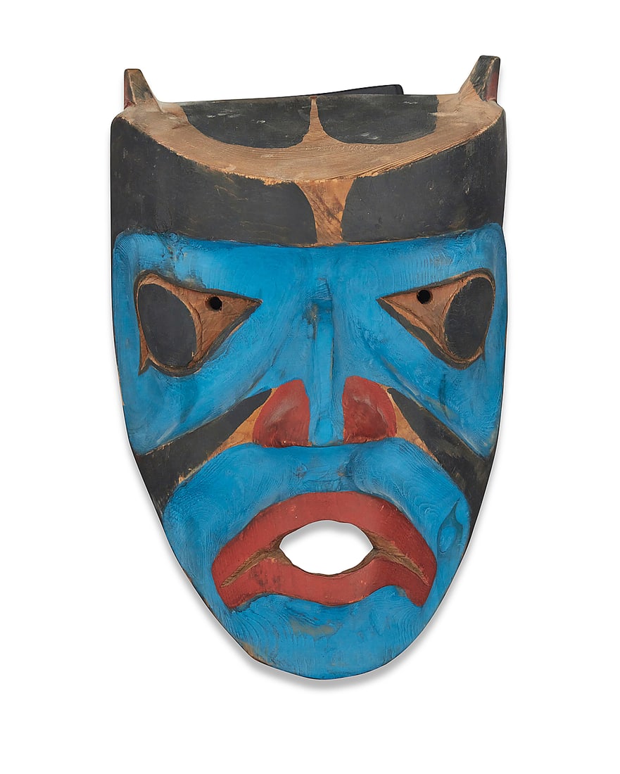 A Northwest Coast polychrome carved cedar mask: A Northwest Coast polychrome carved cedar mask Third quarter 20th century Unmarked Height 10 1/2 in., width 7 1/4 in., depth 6 in.