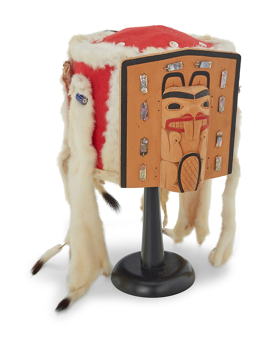 Mike Epp (b. 1962, Gitlaan/Coast Tsimshian), A Northwest Coast headdress: Mike Epp (b. 1962, Gitlaan/Coast Tsimshian) A Northwest Coast headdress with central polychrome carved wood frontlet featuring a standing beaver figure and abalone and bird quill accents, the