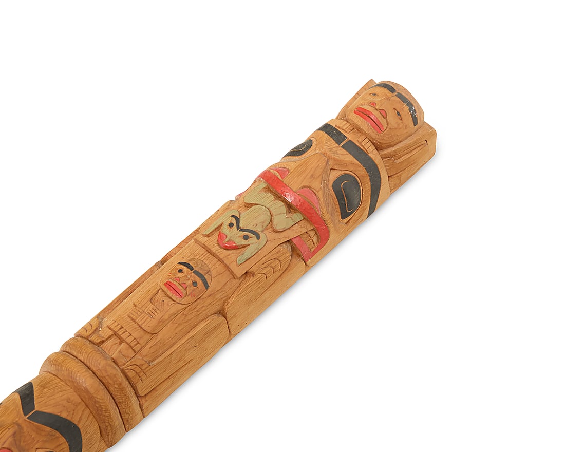 Mike Epp (b. 1962, Gitlaan/Coast Tsimshian), A polychrome carved cedar speaker's staff, late 20th: Mike Epp (b. 1962, Gitlaan/Coast Tsimshian) A polychrome carved cedar speaker's staff, late 20th century Depicting eleven figures including a bear, raven, and frog, a shaman, and a human in