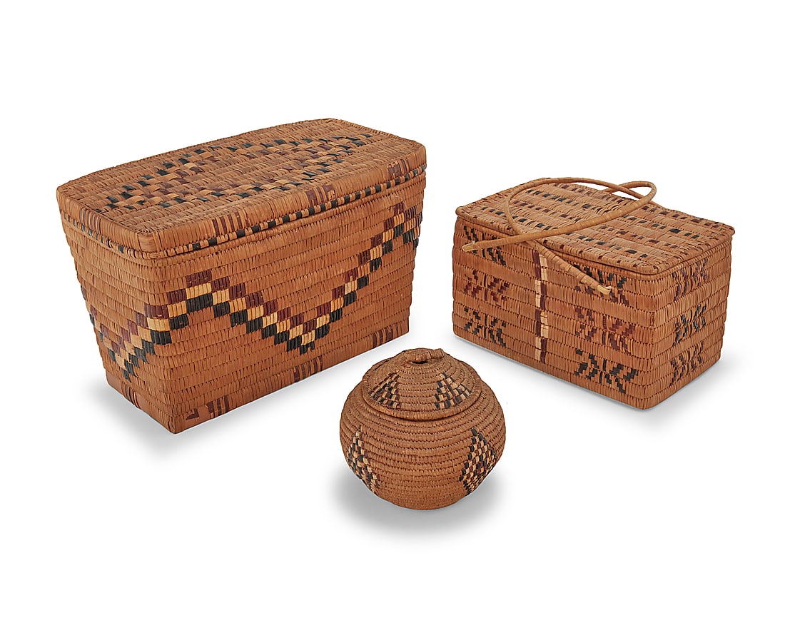 Three Salish polychrome lidded baskets (1 of 3)