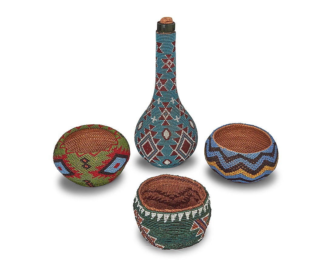 Four Western polychrome beaded basketry items - 2