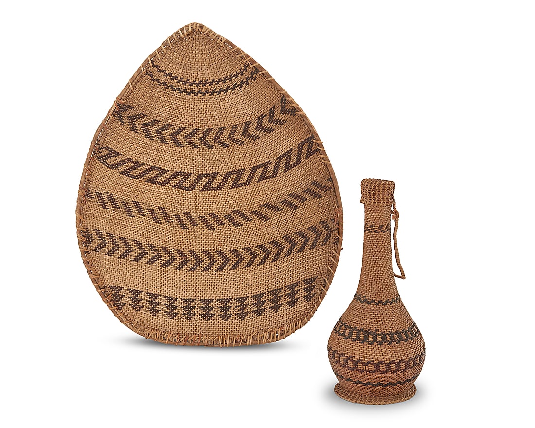 Two Washoe twined basketry items: Two Washoe twined basketry items Attributed to Sarah Jim Mayo (1858-1918, Washoe) Comprising a basketry-covered lidded bottle and a winnowing tray, each with multiple various geometric bands Bottle