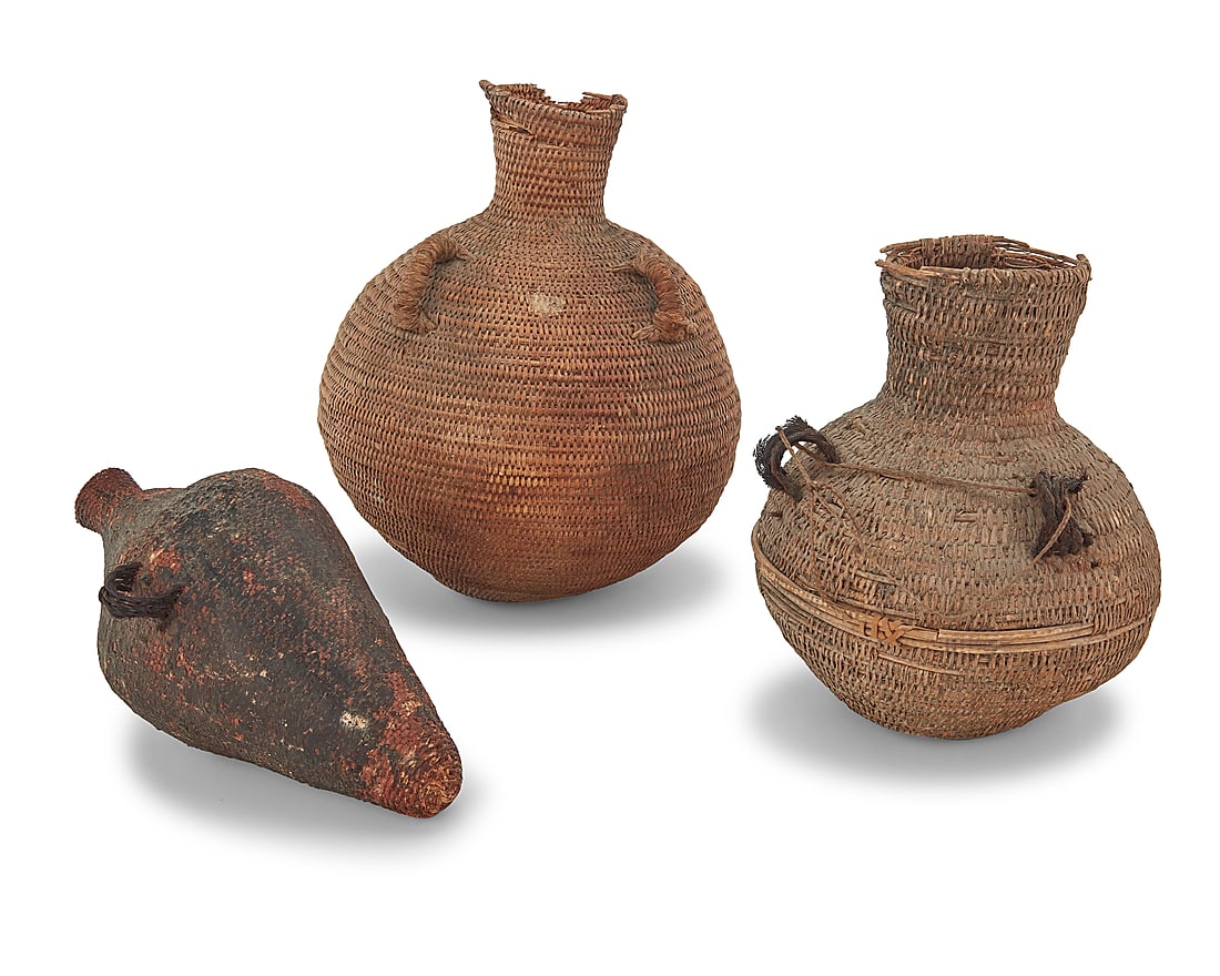 Three Paiute basketry vessels: Three Paiute basketry vessels Late 19th/early 20th century; Great Basin A group comprising two coiled globular basketry jars, each with multistrand braided horsehair handles, one with a sinew cord,