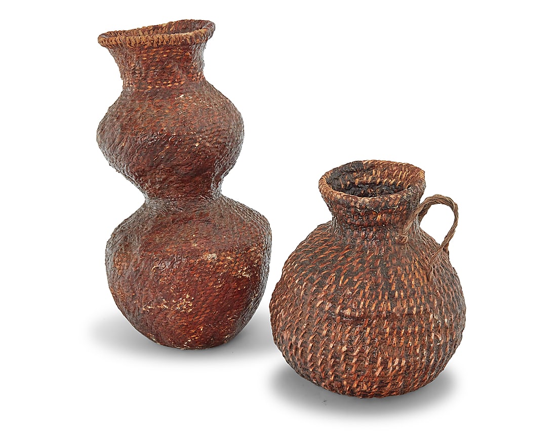 Two Apache pitch-sealed basketry vessels - 2