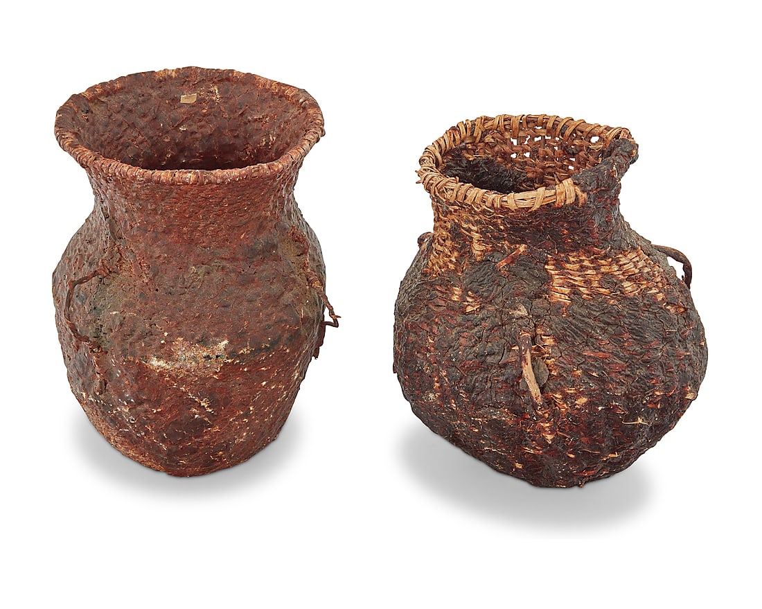 Two Apache pitch-covered basketry vessels - 2