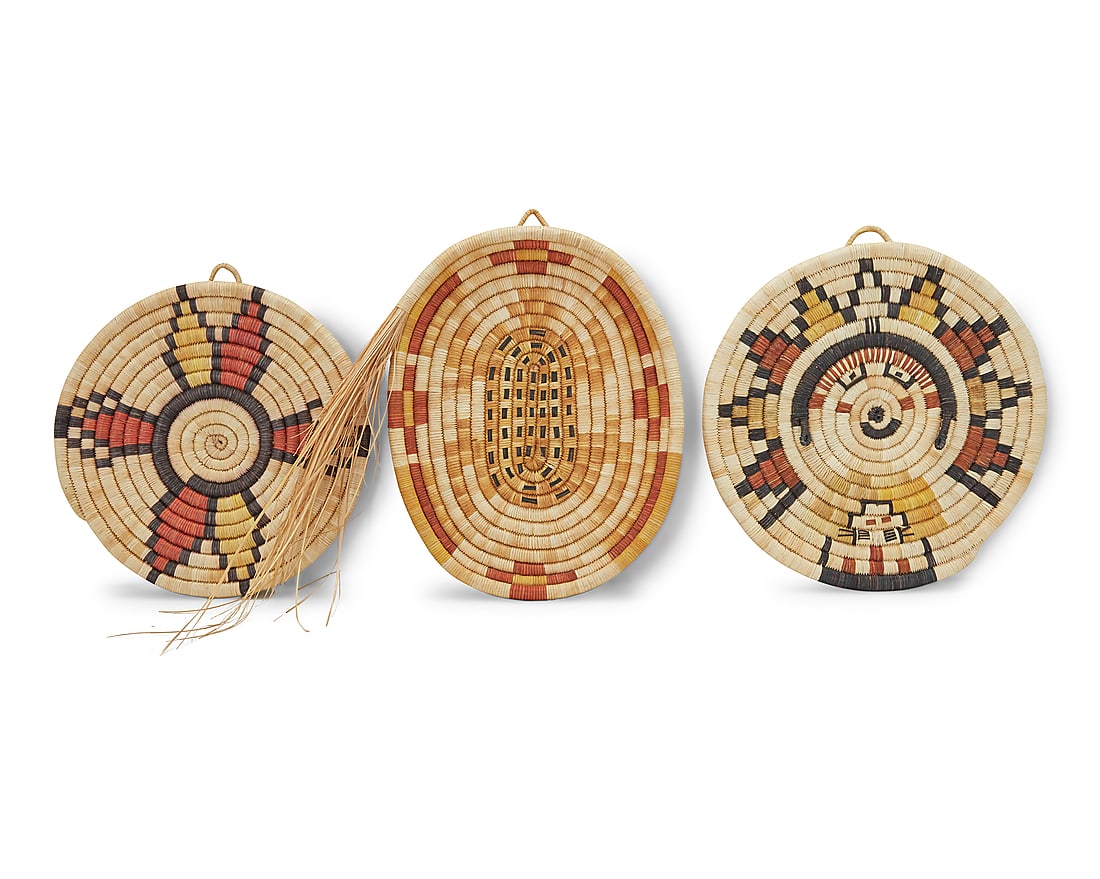 Five Hopi polychrome basketry plaques - 4