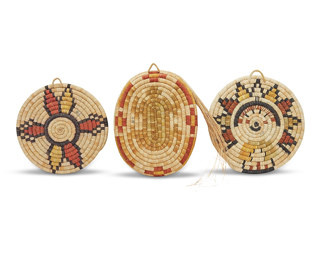 Five Hopi polychrome basketry plaques - 5