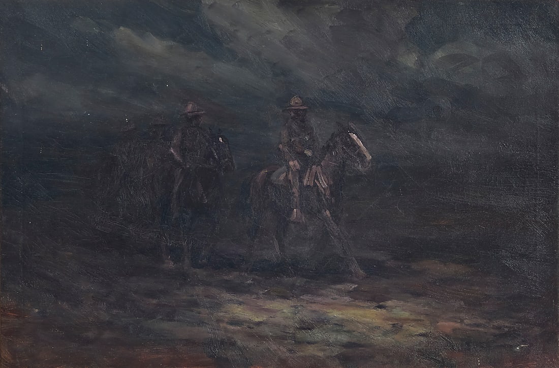 Frank Tenney Johnson (1874-1939), "Night Rider": Frank Tenney Johnson (1874-1939) "Night Rider" Oil on canvas laid to canvas Unsigned; titled on labels affixed to the frame's verso; alternatively titled "Nocturnal" 24 3/8 x 36 in. Provenance: The