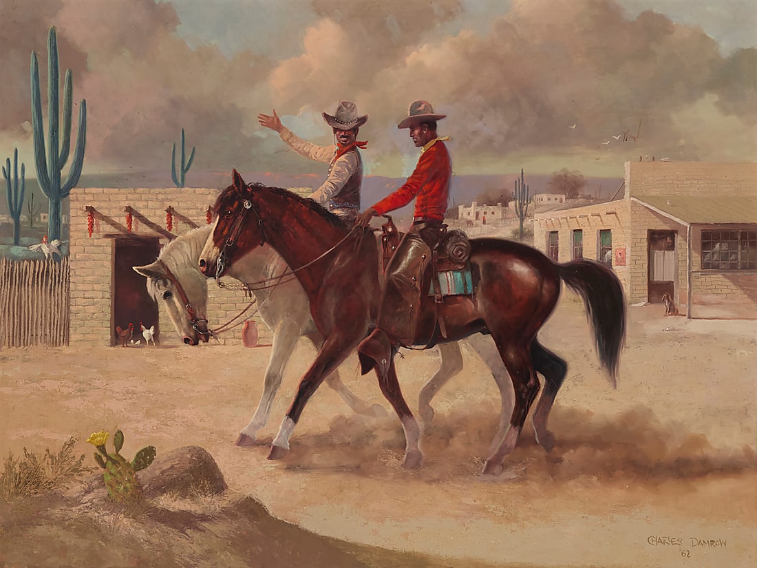 Charles Damrow (1916-1989), Two cowboys on horseback, 1962: Charles Damrow (1916-1989) Two cowboys on horseback, 1962 Oil on canvas Signed and dated lower right: Charles Damrow / '62 36 x 48 in. Provenance: Sold: Butterfield & Butterfield, Los Angeles, C