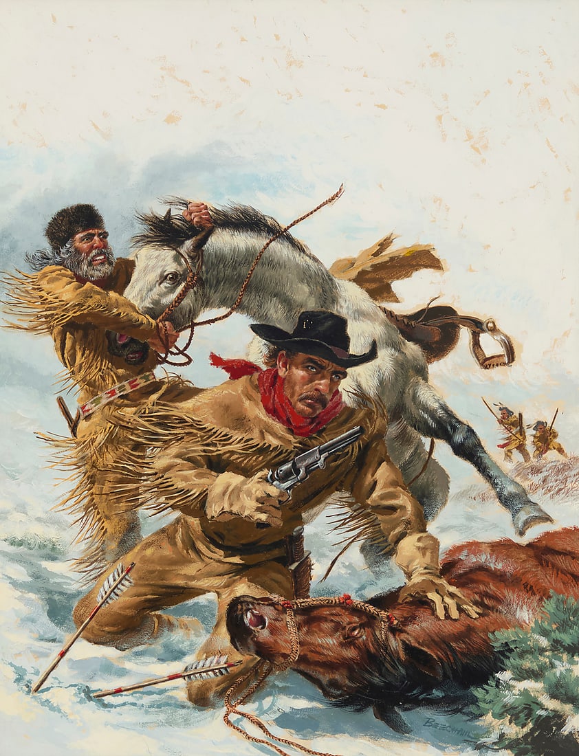 Thomas Beecham (1926-2000), "Terror on the Plains," cover illustration for the December issue of: Thomas Beecham (1926-2000) "Terror on the Plains," cover illustration for the December issue of "Fury" magazine, 1957 Oil on board Signed lower right: Beecham; with the artist's name, title of the