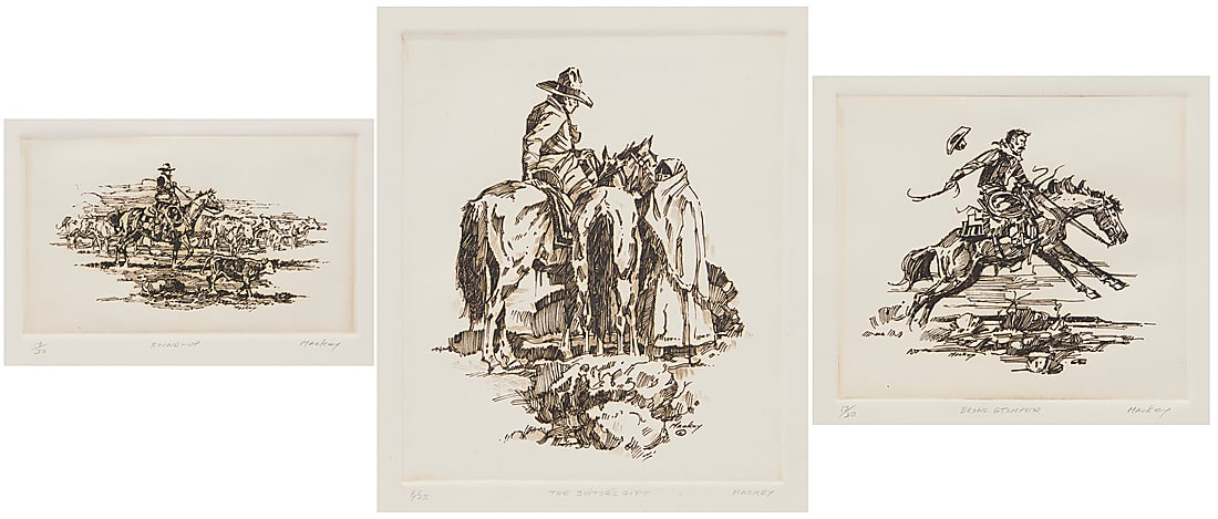 Kim Mackey, (b. 1953): Kim Mackey (b. 1953) Three works: "Round-Up" Etching in brown ink on Somerset paper Edition: 19/30 Signed, titled, and numbered in pencil in the lower margin: Mackey Plate: 3 7/8 x 6 3/8 in.; Sheet: