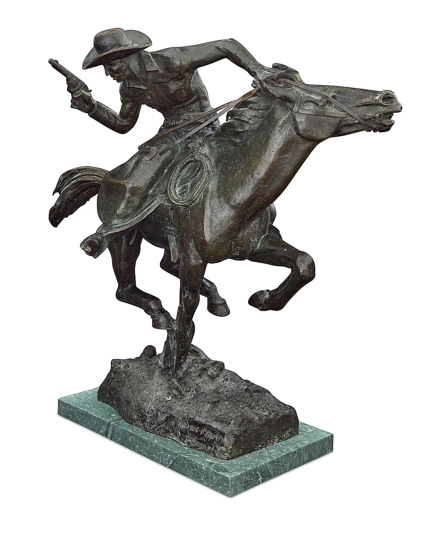Clemente Spampinato (1912-1993), "The Gunslinger," 1953: Clemente Spampinato (1912-1993) "The Gunslinger," 1953 Patinated bronze on stone plinth Signed and dated in the casting: CLEM SPAMPINATO / NY Height of bronze 22 1/2 in., width 26 in., depth 13 in.;