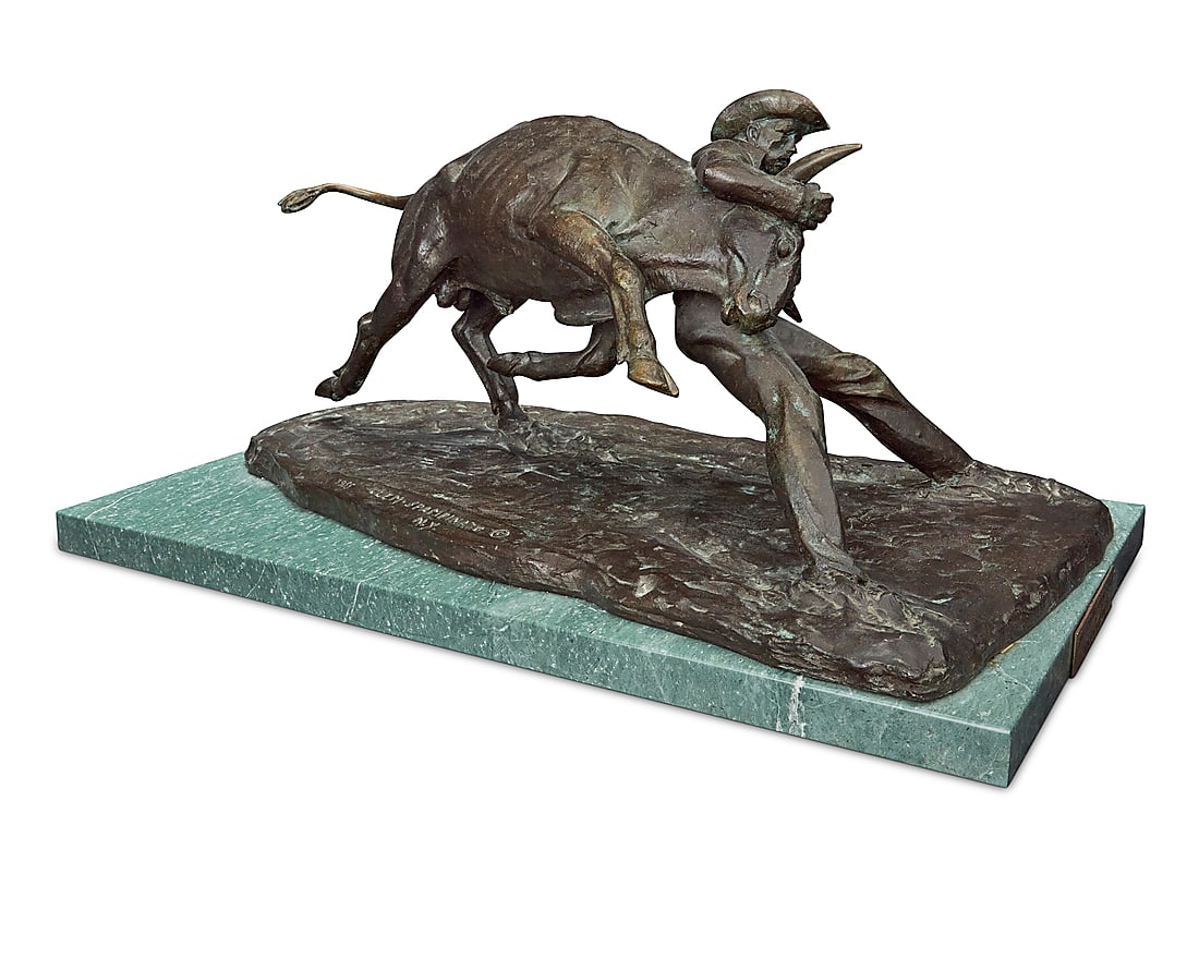 Clemente Spampinato (1912-1993), "Bulldogging Spread Legs," 1955: Clemente Spampinato (1912-1993) "Bulldogging Spread Legs," 1955 Patinated bronze on stone plinth Signed, dated, and titled in the casting: CLEM SPAMPINATO © / N.Y. Height of bronze 10 1/2 in., width 