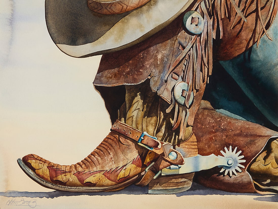 Nelson Boren (b. 1952), "Stallion Boots": Nelson Boren (b. 1952) "Stallion Boots" Watercolor on paper Signed and with the artist's initials device lower left: Nelson Boren NB; titled by repute Image/Sheet: 12 x 16 in.